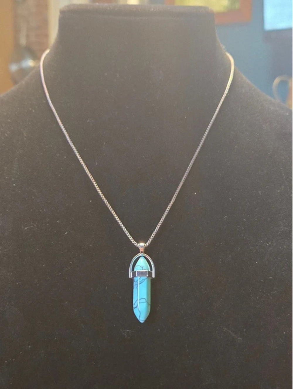 Turquoise Howlite Hexagonal Point Crystal Pendant with Silver Plated Chain